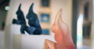 3 pregnancy sculptures: plaster with blue pigment, bronze, pink polyester